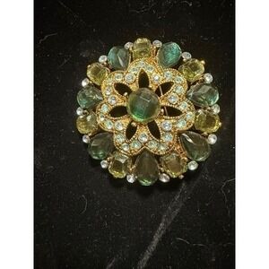 Vintage Gold Tone Flower Brooch Green Crystal Rhinestone Pin Women's Jewelry